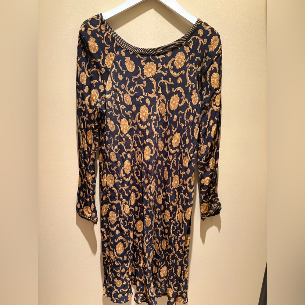 Vintage Baroque Print Dress 🖤 Black & Gold Versace Vibes Stripe Detail Collar 10